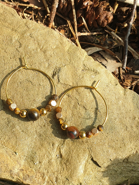 Boucles d'oreilles créoles en Pierre oeil-de-tigre